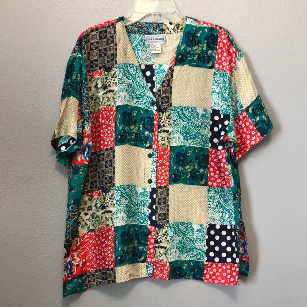 Vintage Y2K Silk Exchange shirt Women's L 100% silk patchwork cottagecore blouse